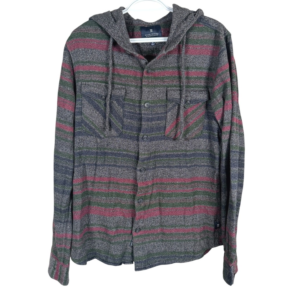 Roark Revival Button Up Hooded Shirt Mens M Gray Striped Flannel Shirt Jacket